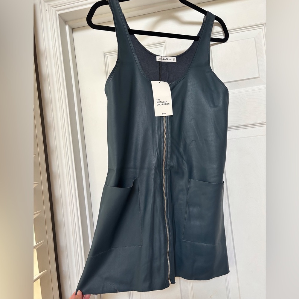 Zara Women's Dark Teal Zip-Up Faux Leather Mini Dress